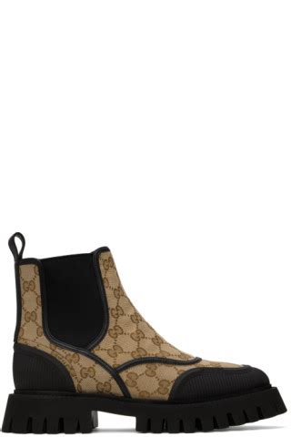 Gucci: Beige & Black GG Chelsea Boots 